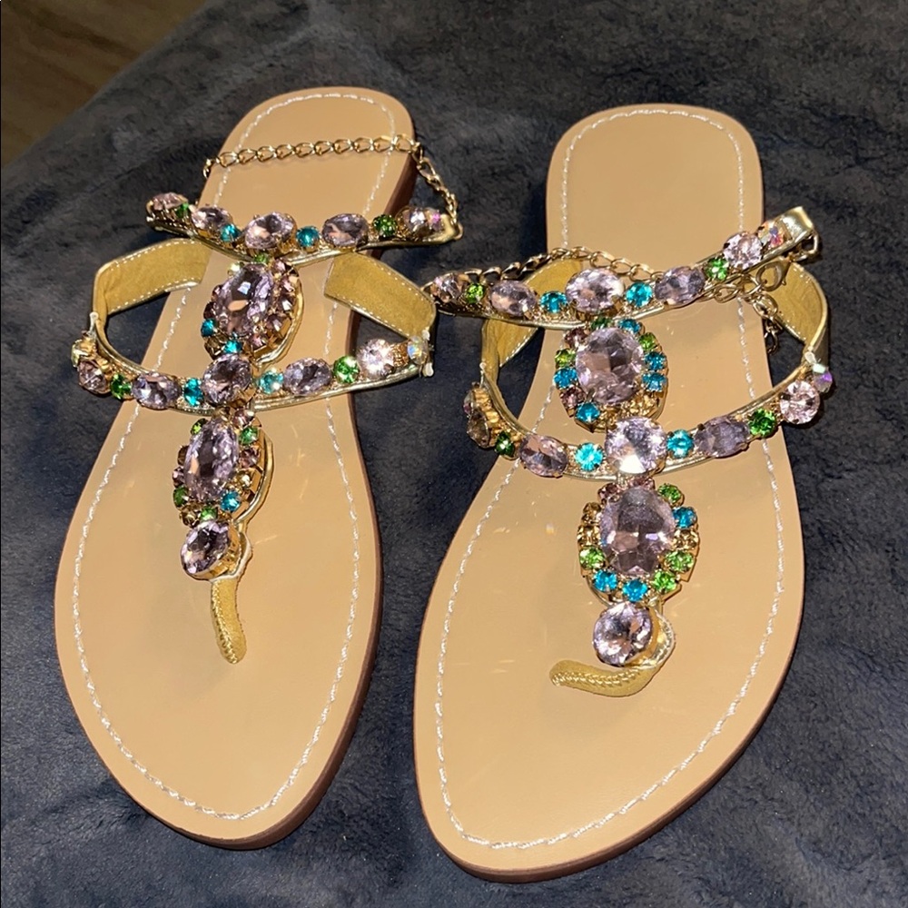 Rhinestone Gladiator Sandals Flat Gem/Pearl Sparkling Bridal  - 8.5